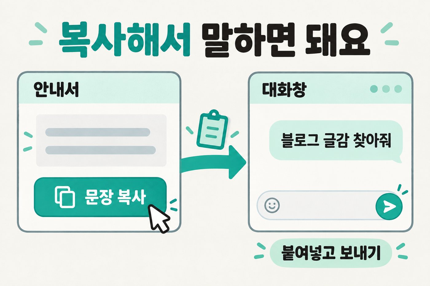 안내서의 문장 복사 버튼을 누르고 대화창에 붙여넣어 보내는 과정.